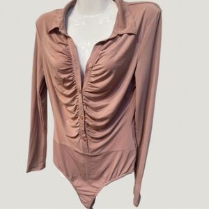 NWT Nude Mocha Long Sleeve Collared Ruched Button Down Bodysuit